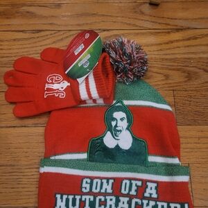 7 Set Of Elf 'Son of a Nutcracker' Knit Beanie & Gloves Set - Red Green
